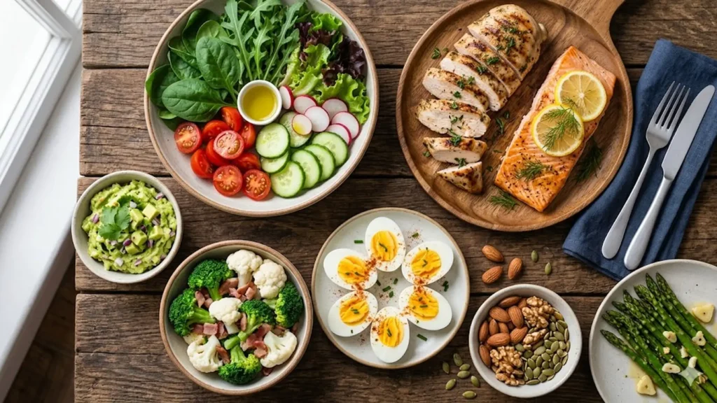 Alimentos bajos en carbohidratos, beautifully styled overhead food photograph