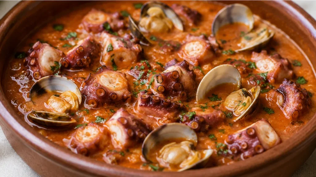 Cazuela de Pulpo y Almejas: Mar y Tierra - cazuela pulpo - Cazuela pulpo: prepara esta receta de marisco con almejas y una salsa increíble. Disfruta de una comb