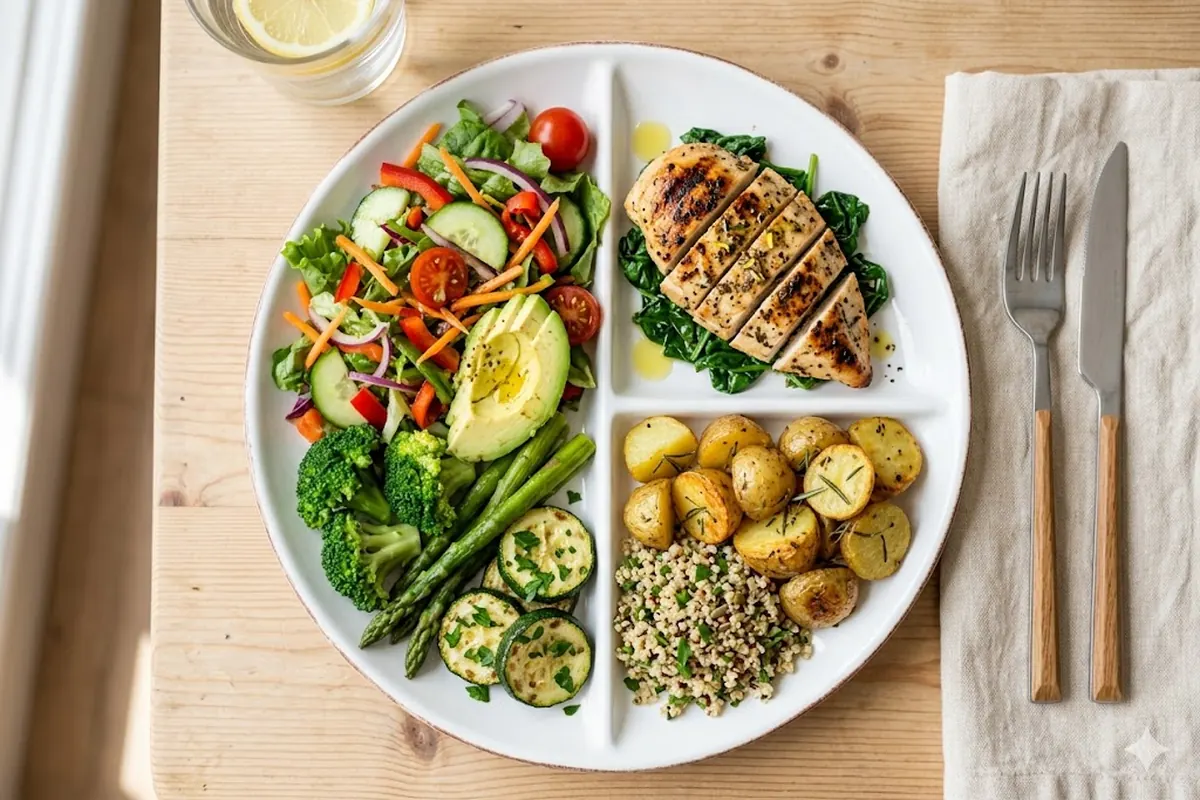 La formula del plato para una cena ligera Plato de cena ligera con la mitad de verduras, un cuarto de proteina y un toque de grasa buena