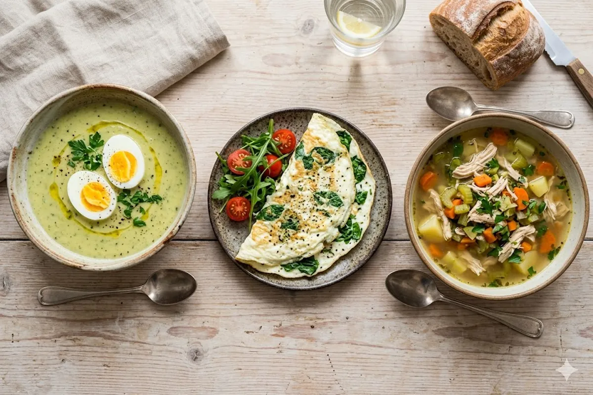 Ideas de cenas ligeras listas en minutos Surtido de cenas ligeras como crema de calabacin, tortilla de claras y sopa de verduras con pollo