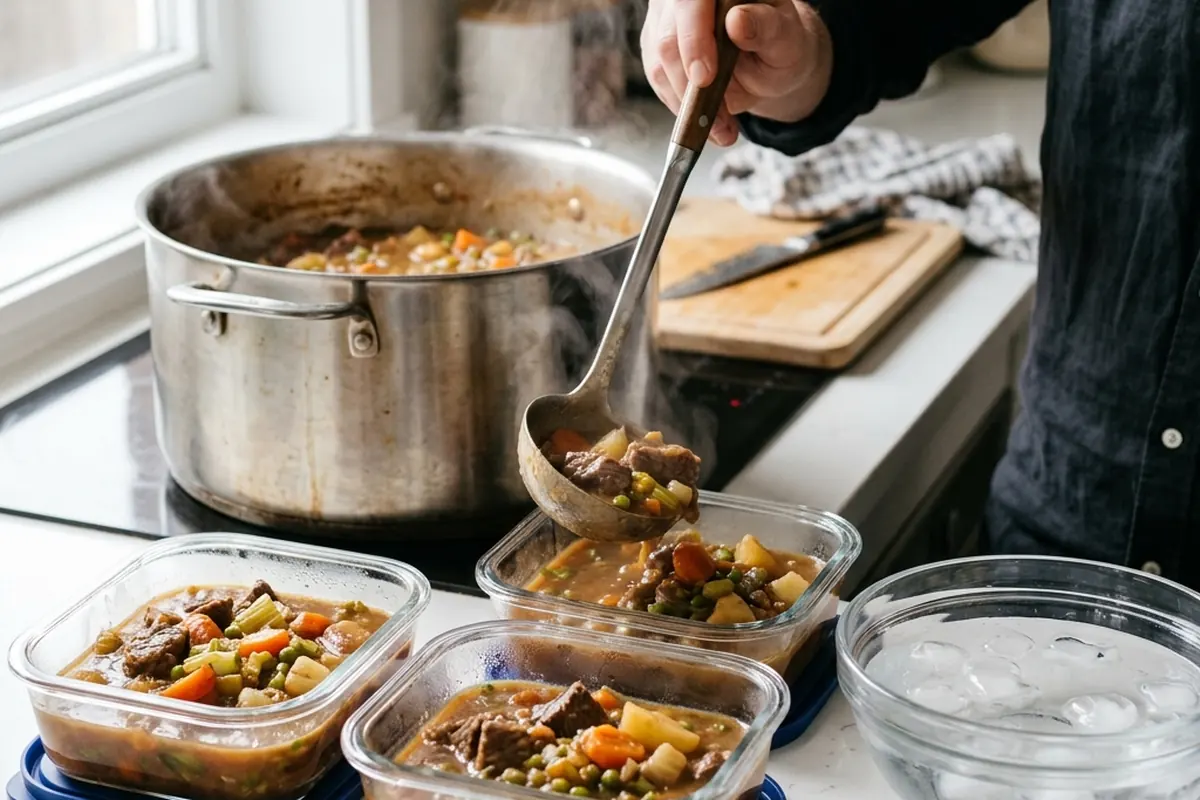 Enfriar rapido la comida cocinada Guiso caliente repartido en recipientes poco profundos para enfriar rapido