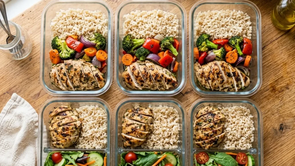 Tapers de cristal con pollo, arroz y verduras listos para la semana