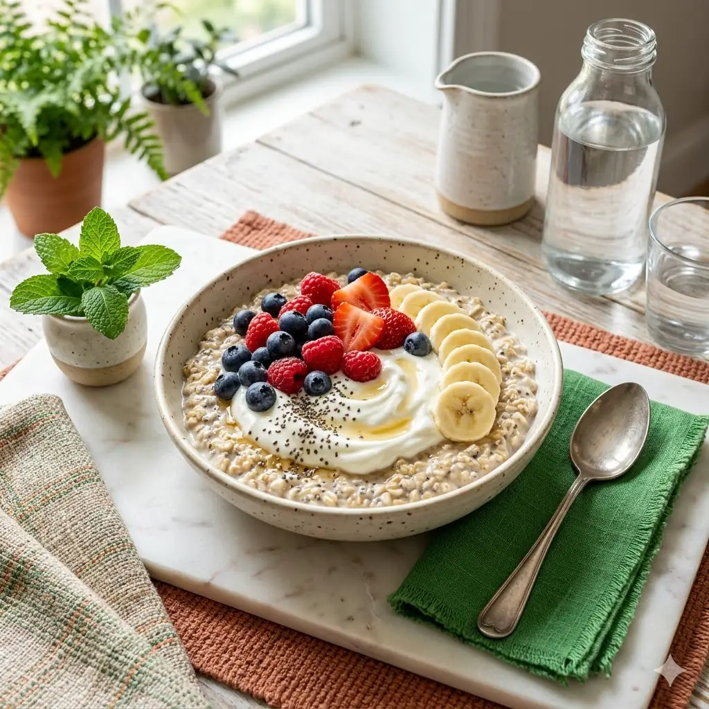 Pilar Desayunos energéticos, bowl de avena con fruta fresca, semillas de chía y yogurt