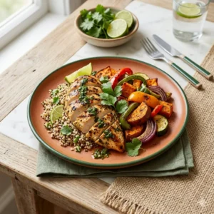 Pilar Menús para diabéticos, plato balanceado de pollo, verduras asadas y quinoa