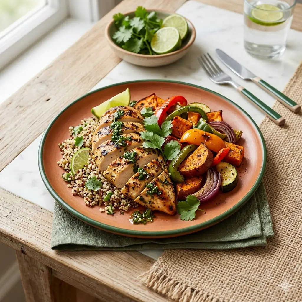 Pilar Menús para diabéticos, plato balanceado de pollo, verduras asadas y quinoa