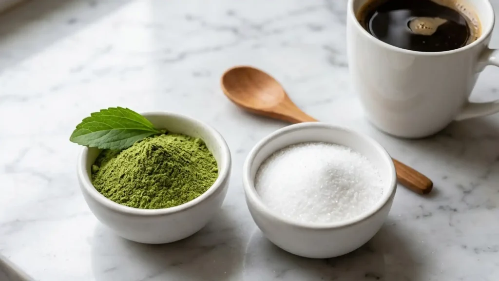 Cuencos de estevia en polvo con hoja verde y sucralosa blanca junto a un cafe