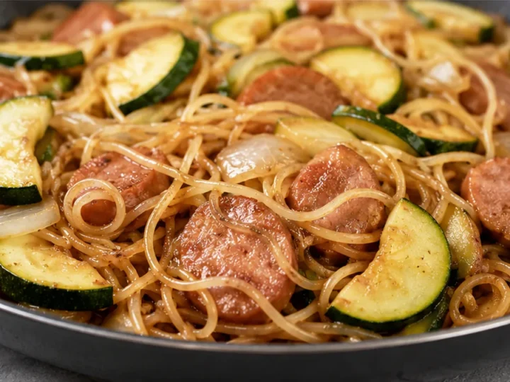 Fideos de Arroz con Salchichas y Verduras