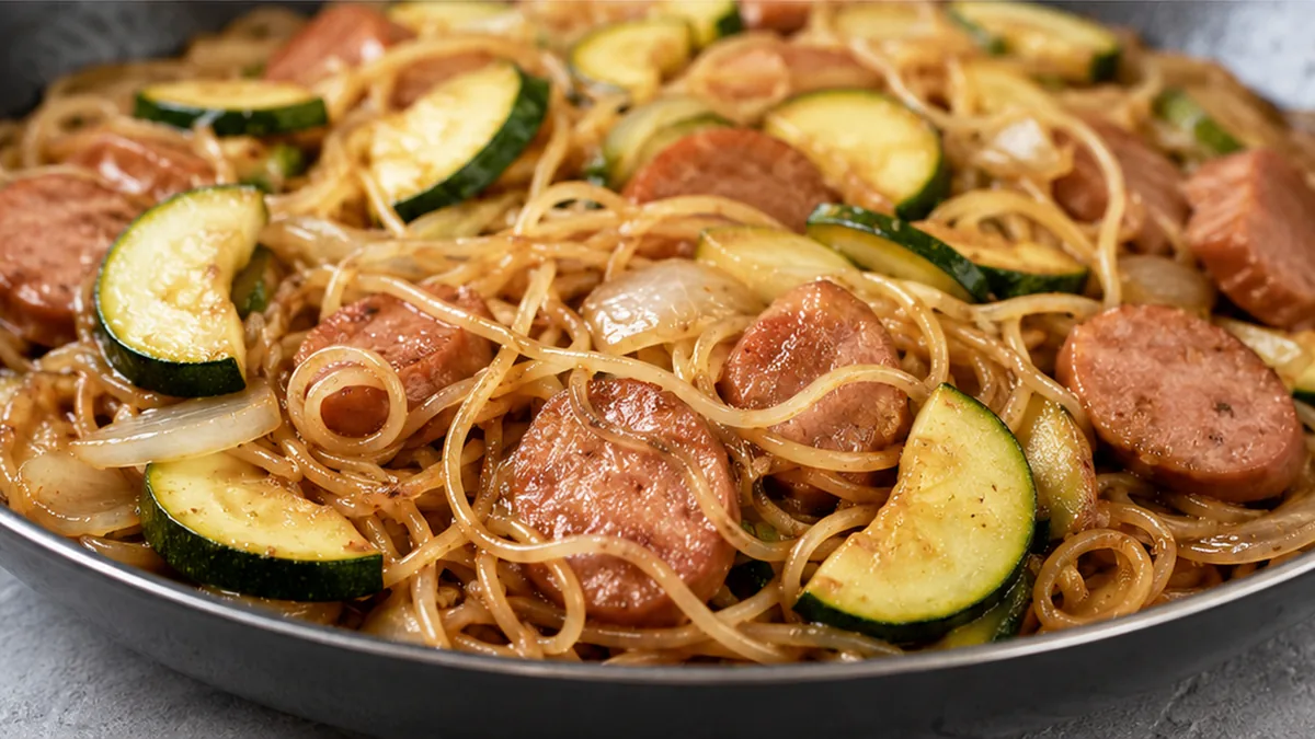 Fideos de Arroz con Salchichas y Verduras - fideos arroz - Fideos arroz: prepara esta receta fácil y deliciosa con salchichas y verduras. Saborea un plato lleno