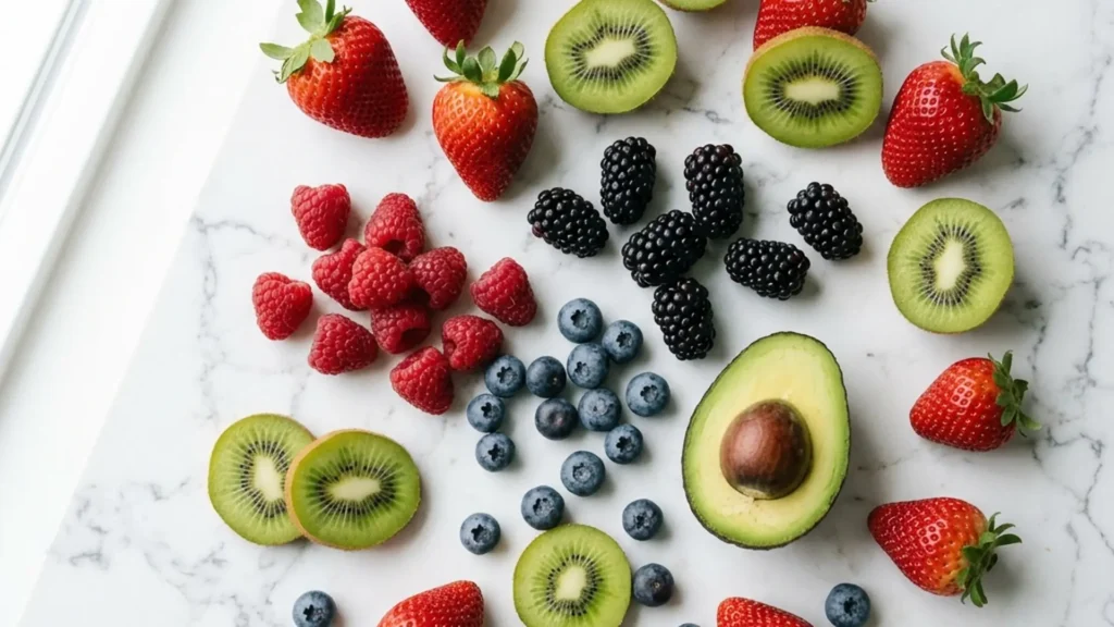 Fresas, frambuesas, moras, aranadanos, kiwi y aguacate sobre marmol