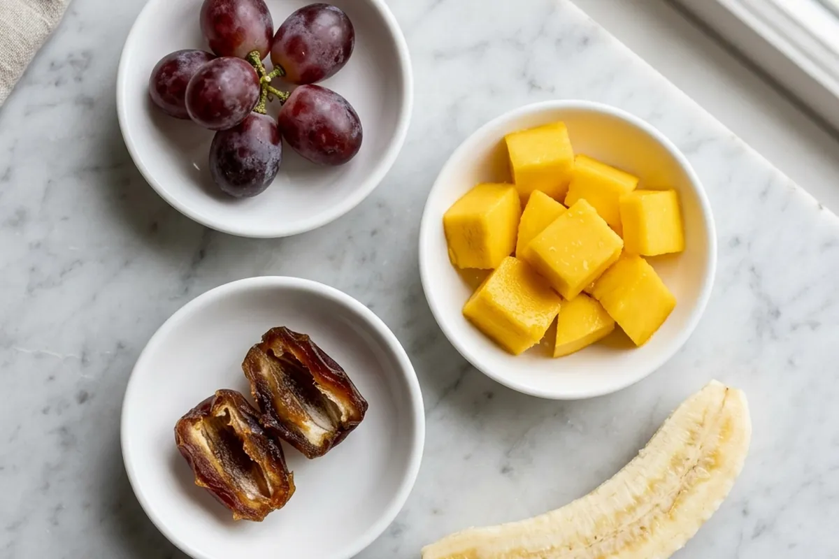 Frutas mas dulces en raciones pequenas Uvas, datiles, mango y platano servidos en raciones pequenas