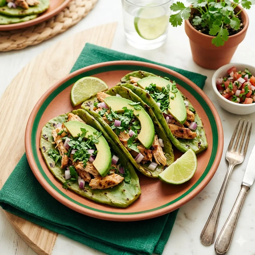 Pilar Recetas bajas en carbohidratos, tacos de nopal con pollo a la parrilla, aguacate y cilantro