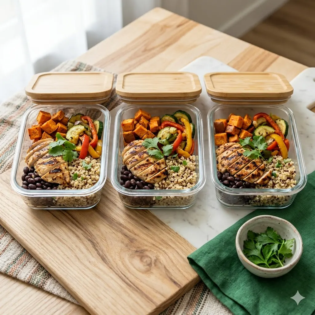 Pilar Menús semanales fit, contenedores de meal prep con pollo, verduras y granos balanceados
