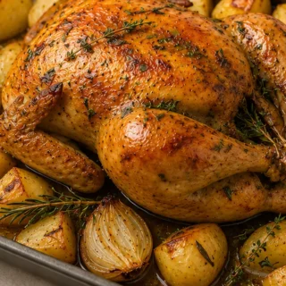 Pollo Asado Jugoso con Patatas al Horno