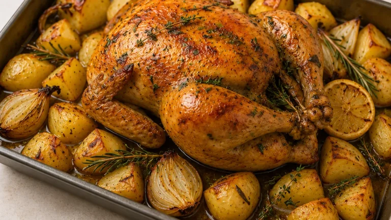 Pollo Asado Jugoso con Patatas al Horno