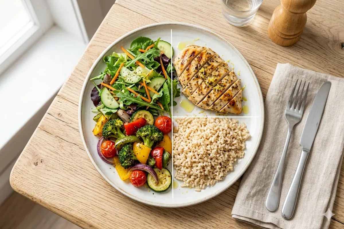 El metodo del plato para bajar de peso Plato saludable repartido segun el metodo del plato: mitad verduras, un cuarto proteina y un cuarto carbohidratos