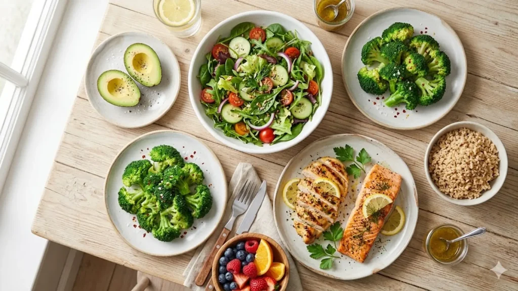 Variedad de alimentos saludables para bajar de peso sobre una mesa: verduras, proteina magra, aguacate y arroz integral