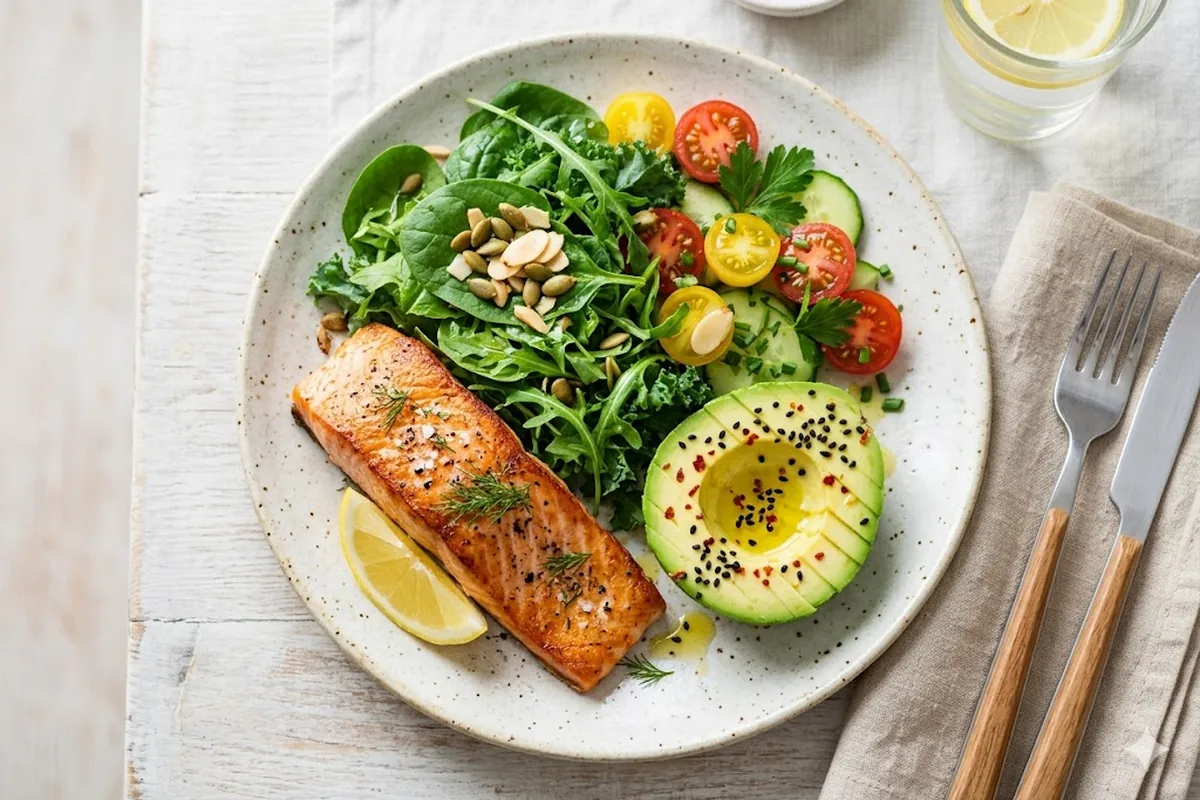 El reparto de macros en keto Plato keto con proteina moderada, verduras de hoja verde y grasas buenas sin carbohidratos