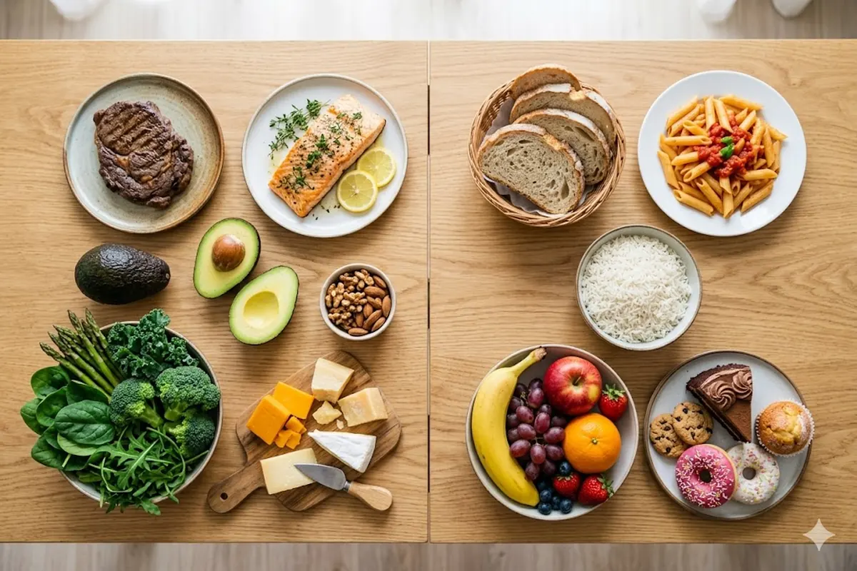 Que comer y que evitar en keto Comparacion entre alimentos permitidos y prohibidos en la dieta keto sobre una mesa