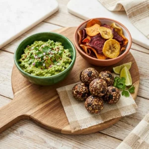 Pilar Snacks saludables, tabla con guacamole, chips de verdura horneados y bolitas de proteína