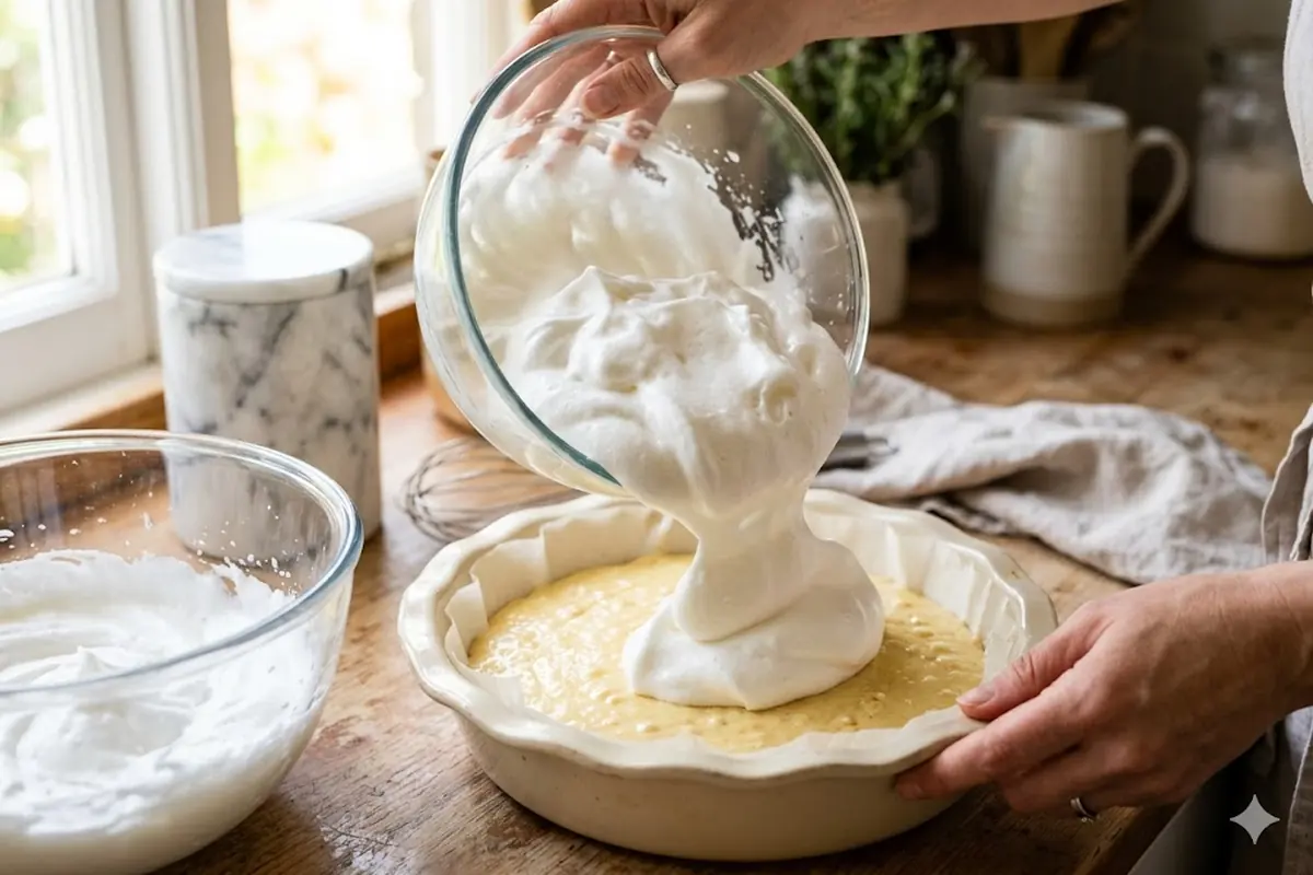 Aquafaba batida para airear sin huevo Aquafaba batida a punto de nieve incorporada a una masa como sustituto de la clara de huevo