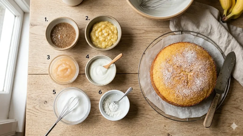 Variedad de sustitutos del huevo para reposteria en cuencos junto a un bizcocho horneado sin huevo