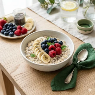 Avena, bowl de avena nocturna con frutos rojos, plátano y semillas de chía