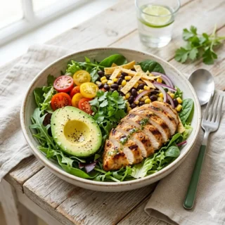 Ensaladas, bowl de ensalada con pollo a la parrilla, aguacate y jitomate
