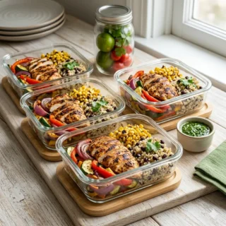 Meal Prep, contenedores de vidrio con pollo, verduras y granos balanceados