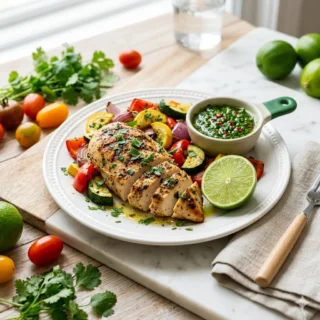 Pollo Fit, pechuga de pollo a la parrilla con verduras asadas y limón