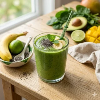 Smoothies, smoothie verde en vaso con espinaca, plátano y chía