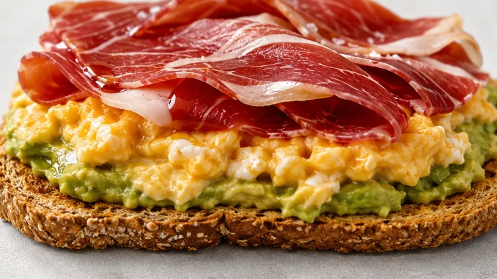Tostada de Jamón Ibérico y Aguacate - tostada aguacate - Tostada aguacate: prepara este desayuno perfecto con jamón ibérico y huevo. Saborea una combinación irr