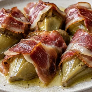 Alcachofas con Velo Ibérico - alcachofas ibérico - Alcachofas ibérico: prepara este platillo saludable y delicioso con lonchas crujientes de tocino. Ideal como
