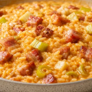 Arroz Cremoso con Panceta y Puerros: ¡Sabor Irresistible! - arroz panceta - Arroz panceta: prepara este plato fácil y rápido con panceta crujiente y puerros. Un