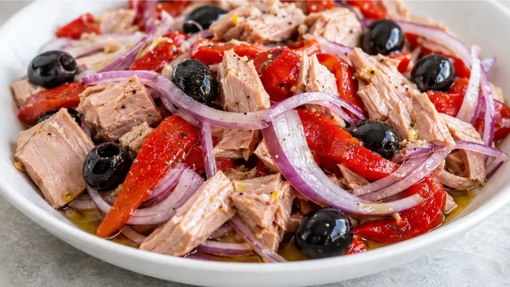 Ensalada de Bonito Fresca y Deliciosa - ensalada bonito - Ensalada bonito: prepara esta receta sana y fácil con bonito del norte y pimientos asados. Perfecta pa