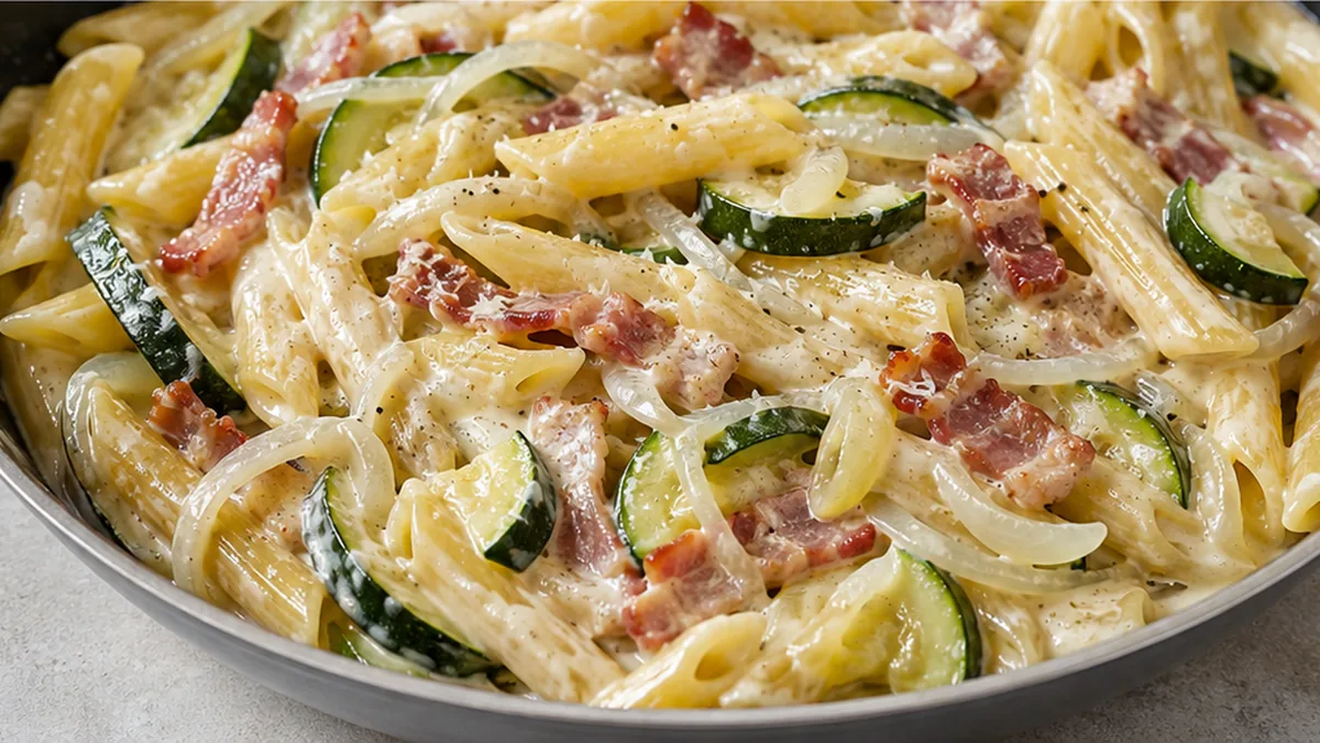Pasta Cremosa con Calabacín y Bacon - pasta calabacín - Pasta calabacín: prepara este delicioso plato cremoso con bacon en menos de 30 minutos. Una cena fácil y