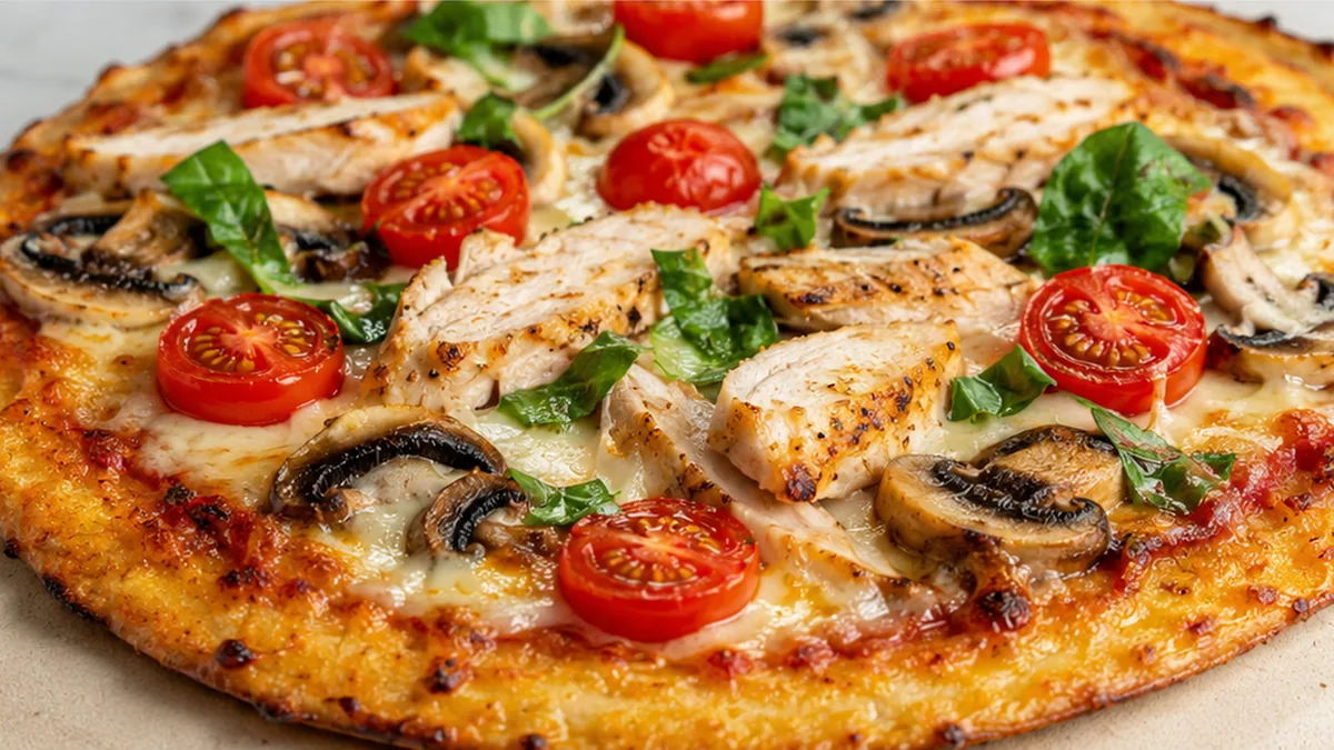 Pizza Keto de Pollo Crujiente - Pizza keto: prepara esta deliciosa receta sin carbohidratos con una base de pollo. Cargada de proteínas, es perfecta para tu die