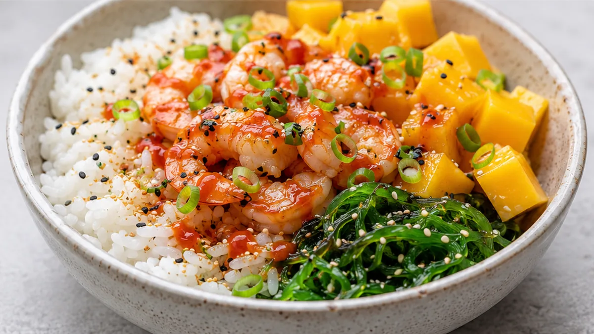 Poke Bowl de Langostinos y Mango - poke langostinos - Poke langostinos: prepara esta receta fresca y saludable en minutos. Disfruta una combinación deliciosa de