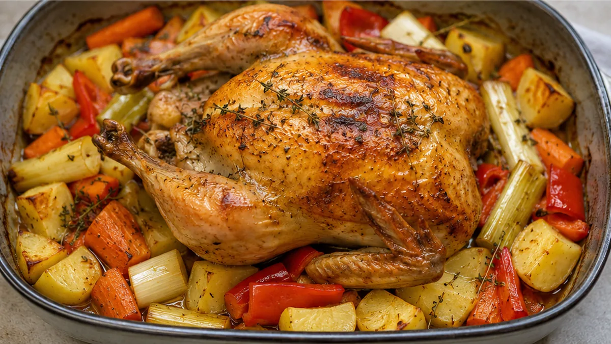 Pollo al Horno Jugoso con Verduras - Pollo al horno: prepara esta receta esencial y deliciosa. Un pollo jugoso con verduras asadas, ideal para cualquier comida