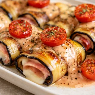 Rollitos de Berenjena con Jamón y Queso Fundido - rollitos berenjena - Rollitos berenjena: prepara este aperitivo fácil y delicioso con jamón y queso. Perfectos