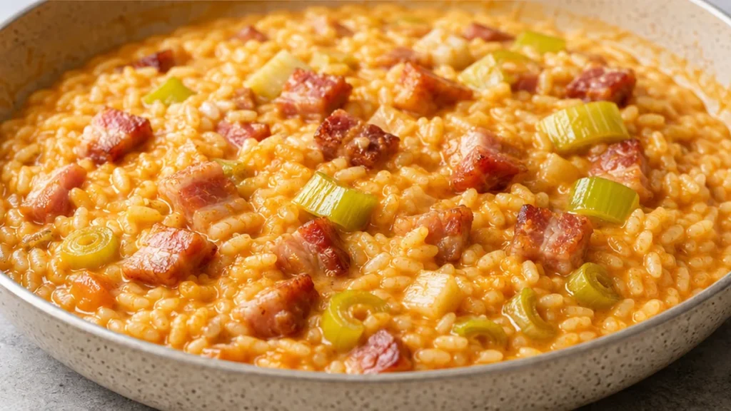 Arroz Cremoso con Panceta y Puerros: ¡Sabor Irresistible! - arroz panceta - Arroz panceta: prepara este plato fácil y rápido con panceta crujiente y puerros. Un