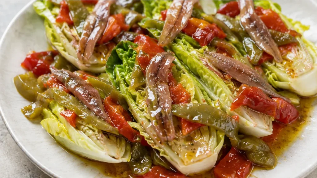 Cogollos con Anchoas y Vinagreta de Pimientos - cogollos anchoas - Cogollos anchoas: prepara esta fresca ensalada mediterránea con una vibrante vinagreta de pim
