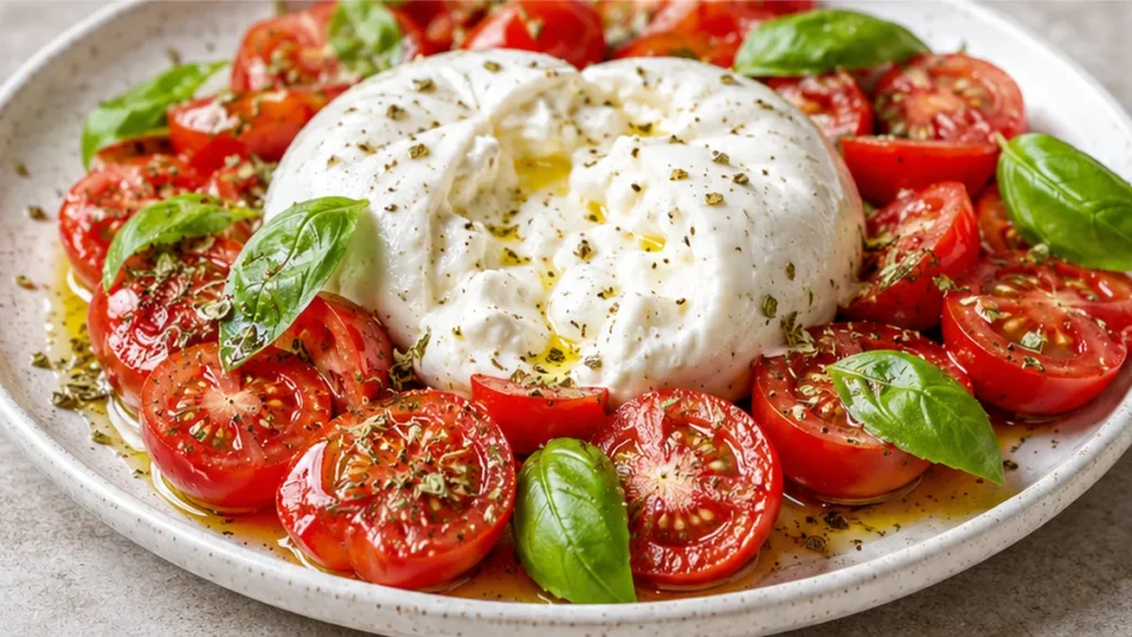 Ensalada de Burrata y Cherry al Instante - ensalada burrata - Ensalada Burrata: prepara esta receta fresca y saludable en minutos. La combinación perfecta de cr