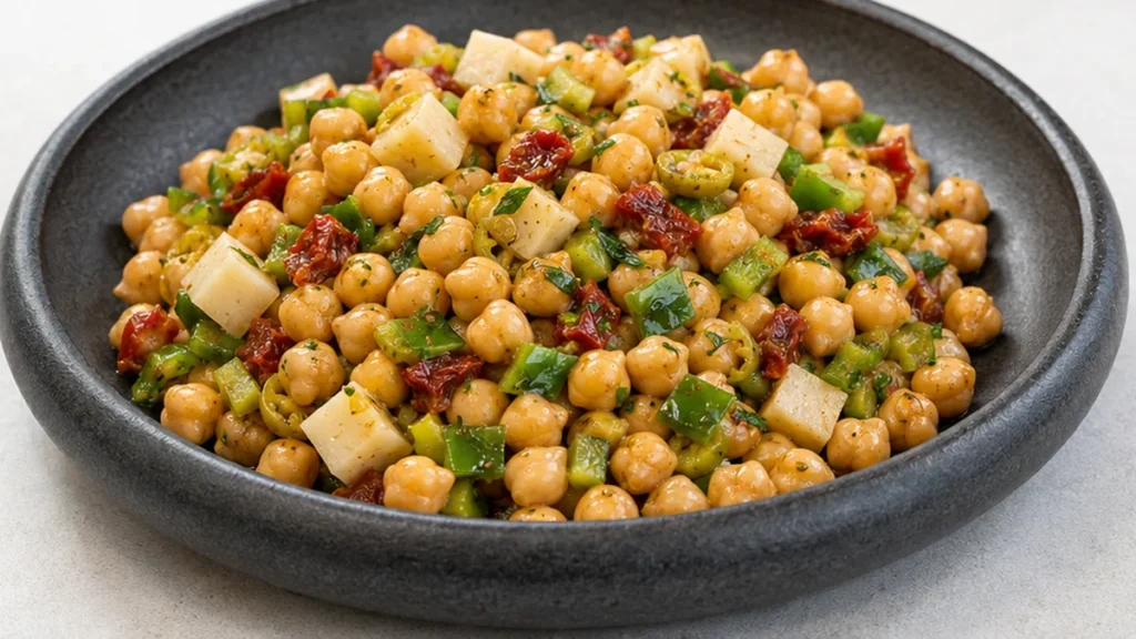 Ensalada de Garbanzos Mediterránea - ensalada garbanzos - Ensalada Garbanzos: prepara esta receta mediterránea fácil y nutritiva. Con queso manchego, tomate sec