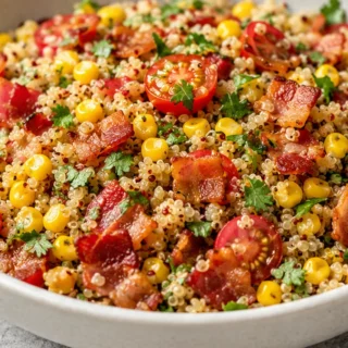 Quinoa con Bacon y Cherry: ¡Ensalada tibia! - ensalada quinoa - Ensalada quinoa: prepara esta deliciosa ensalada templada con bacon crujiente, tomates cherry y