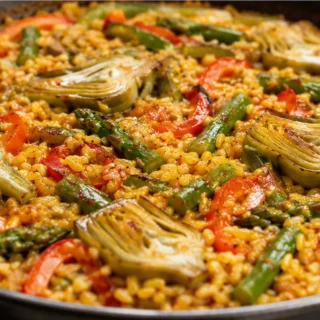 Paella de Verduras Vibrante y Sabrosa - paella verduras - Paella verduras: prepara esta receta tradicional con alcachofas frescas y pimientos. Disfruta un sabor