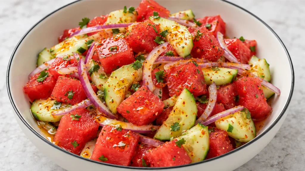 Ensalada de Sandía Refrescante y Deliciosa - ensalada sandía - Ensalada sandía: prepara esta receta vibrante y refrescante con TAJÍN®, pepino y cebolla morada.