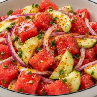 Ensalada de Sandía Refrescante y Deliciosa - ensalada sandía - Ensalada sandía: prepara esta receta vibrante y refrescante con TAJÍN®, pepino y cebolla morada.
