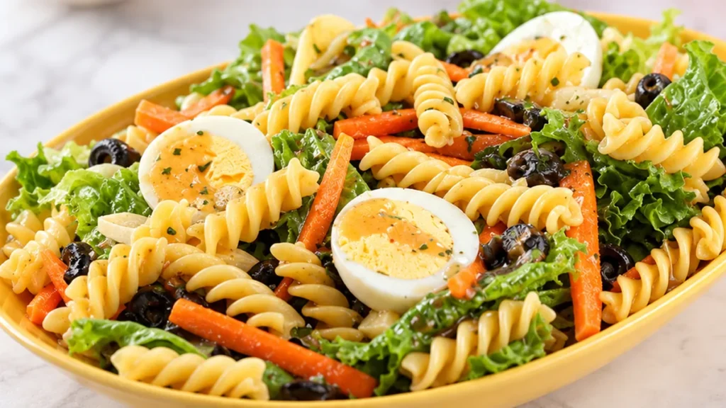 Ensalada de Pasta con Huevo Fácil y Rápida - Ensalada de pasta: prepara esta receta con huevo y vegetales frescos. Un plato ligero y nutritivo, ideal para tus c