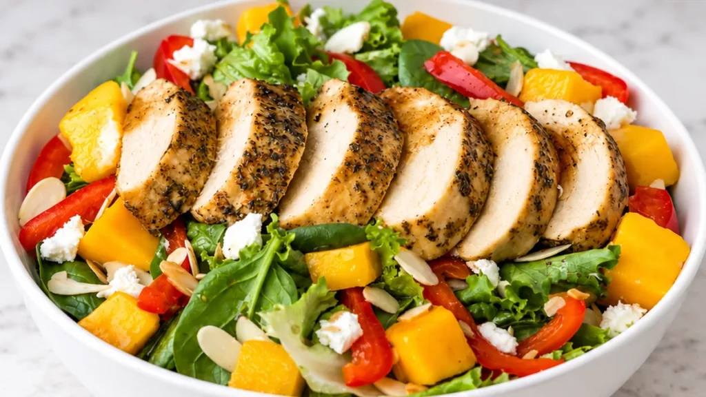 Ensalada Tropical: Pollo, Mango y Queso de Cabra - ensalada tropical con sazonador finas hierbas