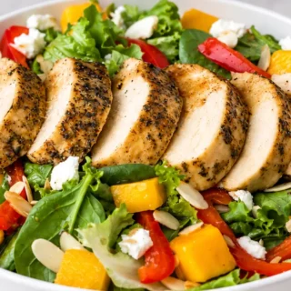 Ensalada Tropical: Pollo, Mango y Queso de Cabra - ensalada tropical con sazonador finas hierbas